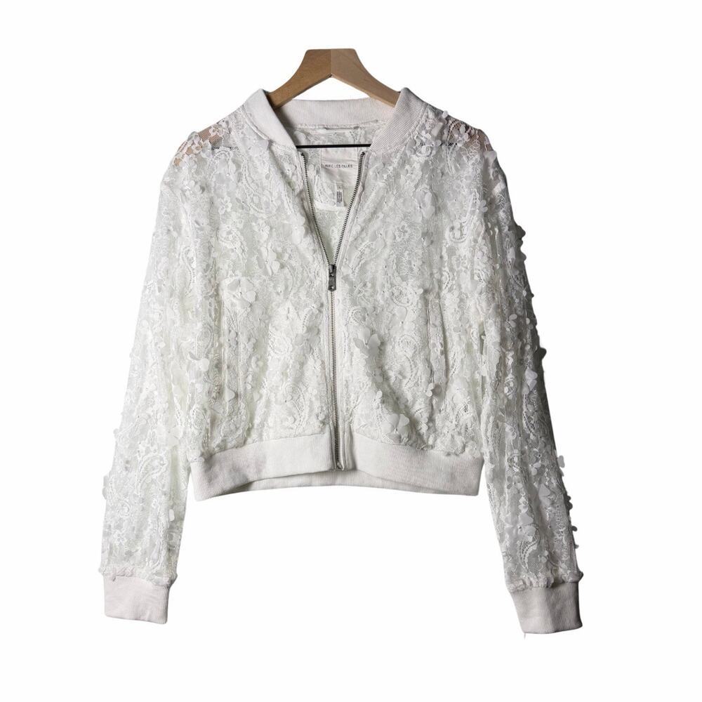 Avec Les Filles Lace Floral Cropped Bomber Embellished Flowers Women's size L